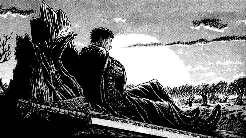 Guts resting on a tree stump while the sunset sets
